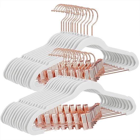 SONGMICS 24-Pack Velvet Pants Hangers, 16.7 Inch, Heavy-Duty, Non-Slip | Coat Hangers for Skirts, Dresses, Space-Saving, Rose Gold Colored Movable Clips, Cloud White, BREANNA Collection UCRF014W01