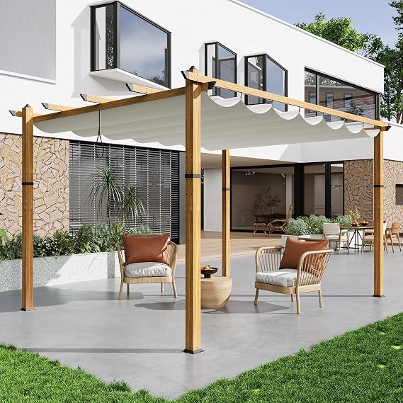 10x13 Ft Outdoor Metal Pergola with Retractable Canopy, Upgraded Wood-Grain Aluminum Pergola, Modern Pavilion for Backyard, Patio, Porch, Grape Trellis, Beige