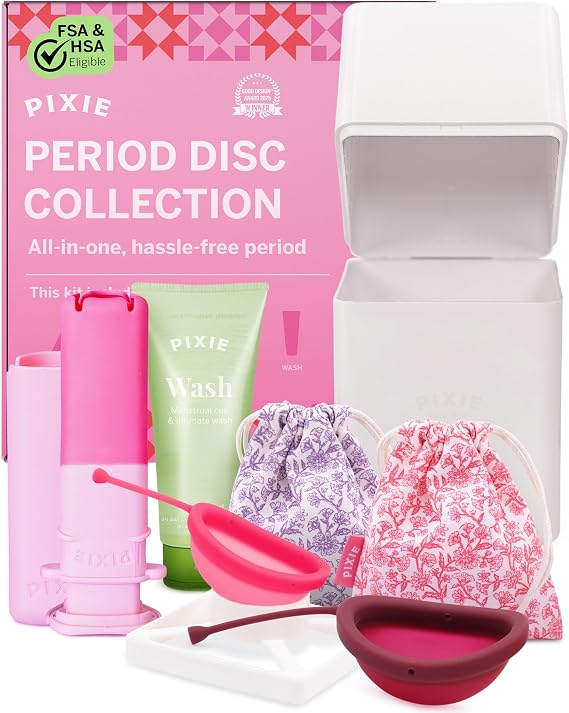 Pixie Menstrual Pads Set - 2 Reusable Discs with Applicator, Sterilizer, Intimate Wash Gel and Pouch - Metal & Toxin Free - Easy Tampon-like Application