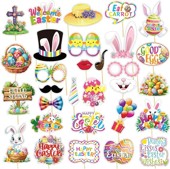 30Pcs Easter Day Photo Booth Props Kit Scary DIY Costumes Props with Wooden Sticks for Party Decorations
