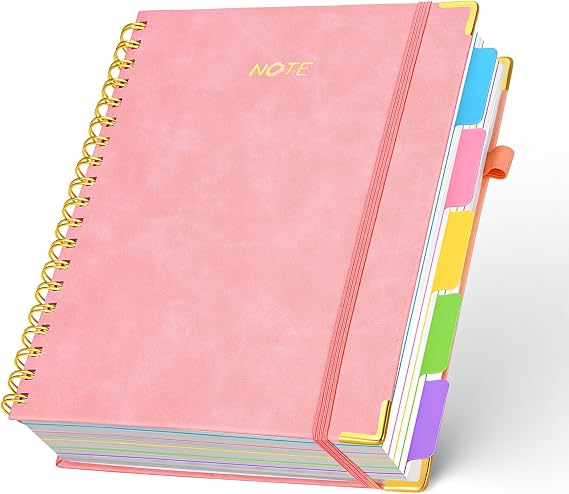 5 Subject Notebook with Removable Dividers Tabs, 300 Pages Leather Hardcover Spiral Notebook College Ruled, 8"x10" Large B5 Notebooks for Work School, Lined Journal for Women, Pink