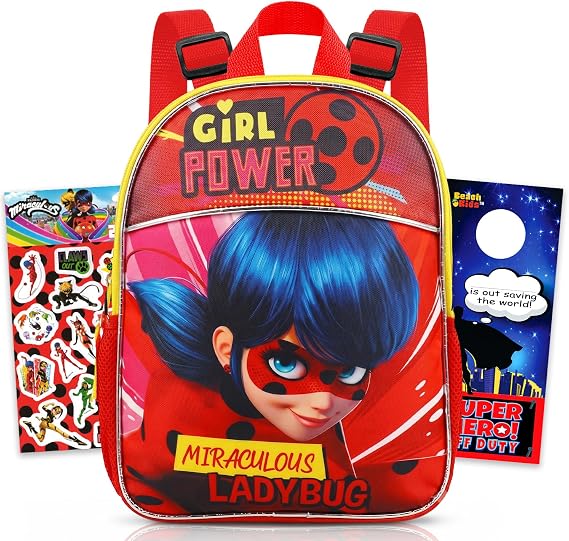 Zagtoon Miraculous Ladybug Backpack Set - Bundle with 11 inch Stickers and More (Miraculous School Supplies) for Girls