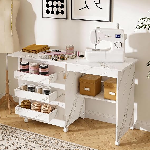 Folding Sewing Table with Compact Design, 45.6 Inch Craft Table with Storage Shelves and 6 Lockable Wheels,End Table & Computer Desk & Kitchen Storage, White
