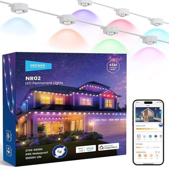 NEEWER 144ft Permanent Outdoor Lights for House Decor, Smart AI RGB IC CW Outside Eaves String Christmas Lighting, 90 LED Lights, App Control 50+ Scenes IP65 Waterproof, Compatible with Alexa, NR02