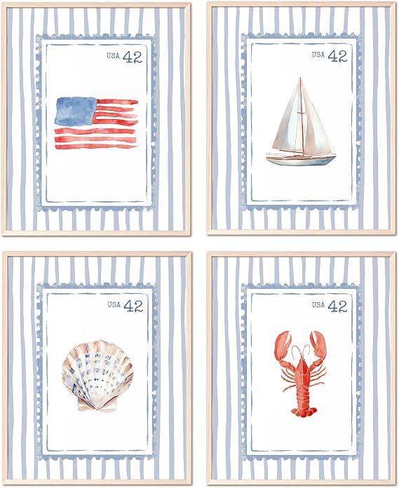 Kaderas Wall Art Posters Set of 4, Blue Nautical Coastal Pictures Artwork for Preppy, Red Lobster, Flag, Sailboat and Shell Art Prints Room Decor, Unframed