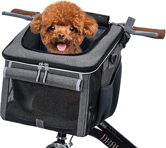 Dog Bike Basket, Soft-Sided Dog Bike Carrier with 4 Mesh Windows for Small Dog Cat Puppies - Grey