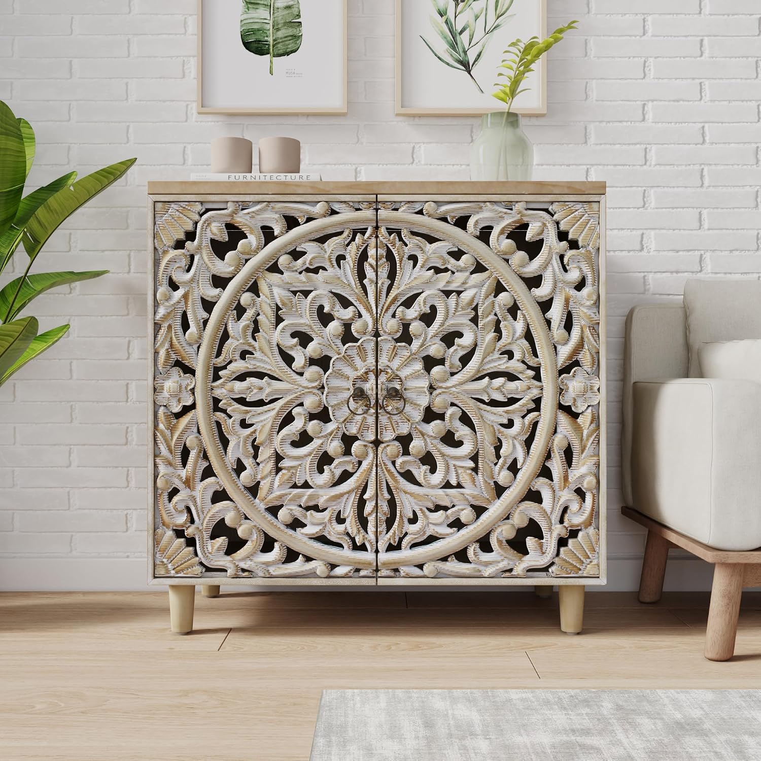 VELOVE Carved Wood Decorative Cabinet with Floral Pattern