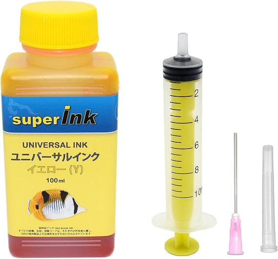 superInk ユニバーサルインク イエロー （染料） 詰め替え 互換インク 100ml （インクジェットプリンターすべてのブランド用） + 手袋1組 + 10ml注入器 + 針 + キャップ