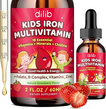 Liquid Iron Supplement for Kids, Kids Multivitamin with Iron Drops with Zinc, Vitamin B Complex, Folate - Support Blood Builder & Energy, Iron Deficiency for Women, Men, Vegan Strawberry 2 Fl Oz