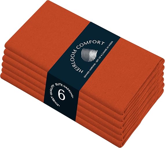 Orange Cloth Dinner Napkins Set of 6, 100% Cotton, 43x43 cm, Soft, Washable, Reusable, Perfect for Hotels, Restaurants, Lunch, Weddings, Events, Parties, Everyday Use, Orange