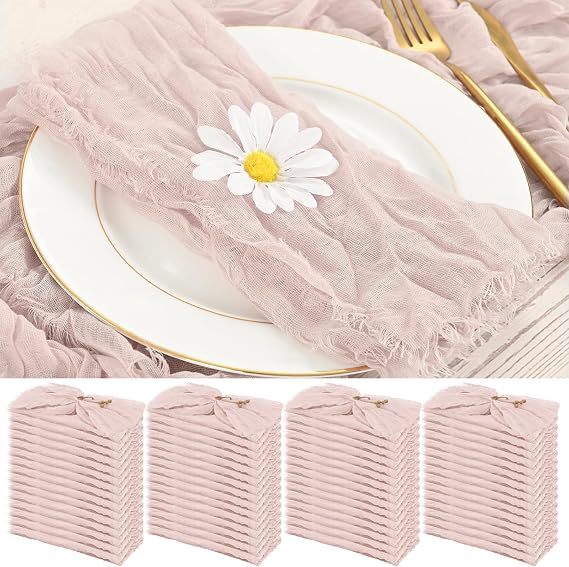 60 Pack Gauze Cheesecloth Napkins 20"x20" Light Pink Cloth Napkin Handmade Gauze Napkin with Fringe Boho Wrinkled Table Napkin Bulk Rustic Cotton Dinner Napkins for Wedding Party Baby Shower