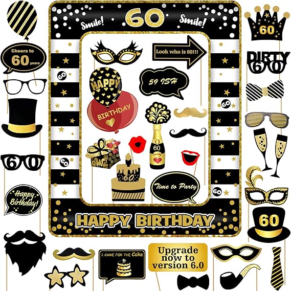 60th Birthday Photo Booth Props and Inflatable Selfie Frame, 36 Pcs 60th Funny DIY Birthday Party Props for Women Men, Black Gold Inflatable Party Photo Booth Frame
