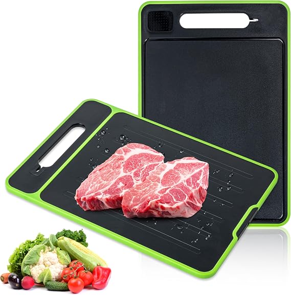 Cutting Chopping Board for Kitchen - 4 in 1 Defrosting Tray with Garlic Grater & Knife Sharpener, Double-sided Large Plastic Metal Meat Vegetable Butcher Block with Juice Groove(13.4'' x 9.5'')