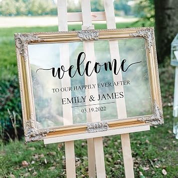 Vinyl Art Decal - Custom Welcome to Our Happily Ever After - 17" x 30" - Cute Elegant Personalized Wedding Greeting Bride Groom Marriage Reception Hall Garden Buffett Entrance Decor (Black)
