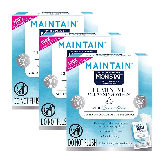 Maintain by Monistat Boric Acid Feminine Wipes, Fragrance-Free, 12 Ct, 3 Pk