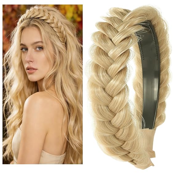 Braided Headband WithTooth Wide Braid Messy Hair Hoop WomenFashion Hair Accessories (Beach Gold)