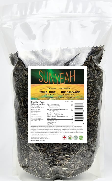 SUNYEAH Organic Canadian Wild Rice, 2 Kg(4.4 LB), Grade A, Full Grain(10-15mm), Canadian North Saskatchewan Ice Lake Harvest, Long Grain, Bulk Wild Rice, NO-GMO, Gluten free, Vegan