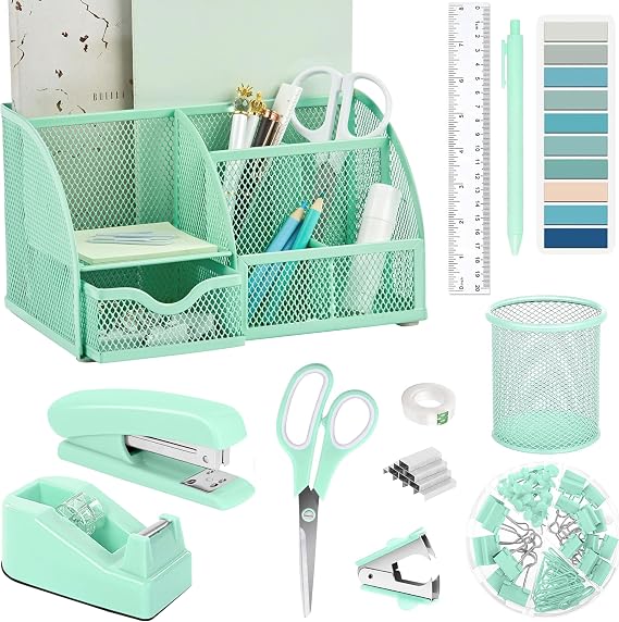 Green Office Desk Accessories Supplies, 12pcs Desk Organizers and Accessories with Tape Dispenser and Stapler,Staples,Staple Remover,Pen Holder,Scissor,Ruler,Sticky Tabs,Tape,Ballpoint Pen,Clips Set