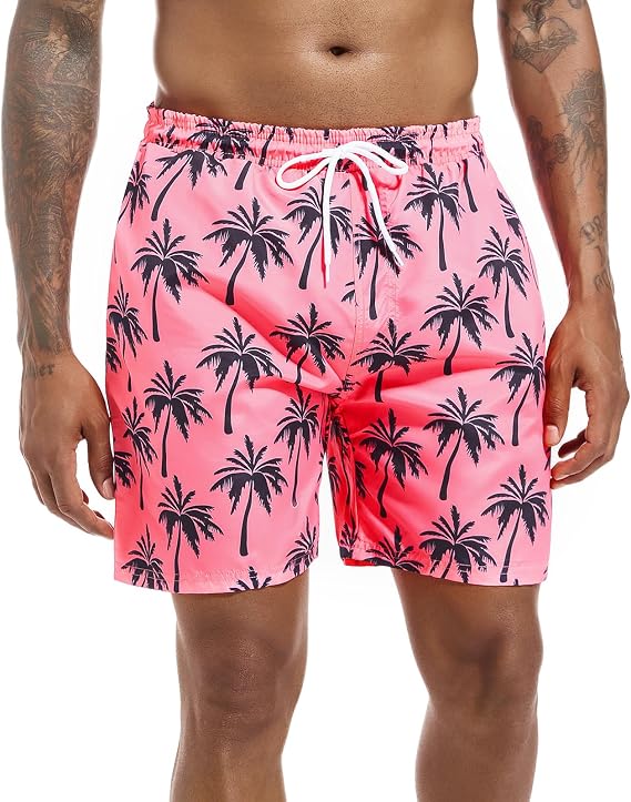 Men's Printed Swim Trunk 7 inch Inseam Quick Dry Swimwear Mesh Liner Bathing Suits with Drawstring