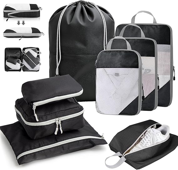 Compression Packing Cubes for Suitcases, 8 Piece Travel Organiser Set | Shoe Bag, Laundry Bag, Toiletry & Underwear Bags, Luggage Organiser Bags for Clothes, Holiday & Weekend Travel