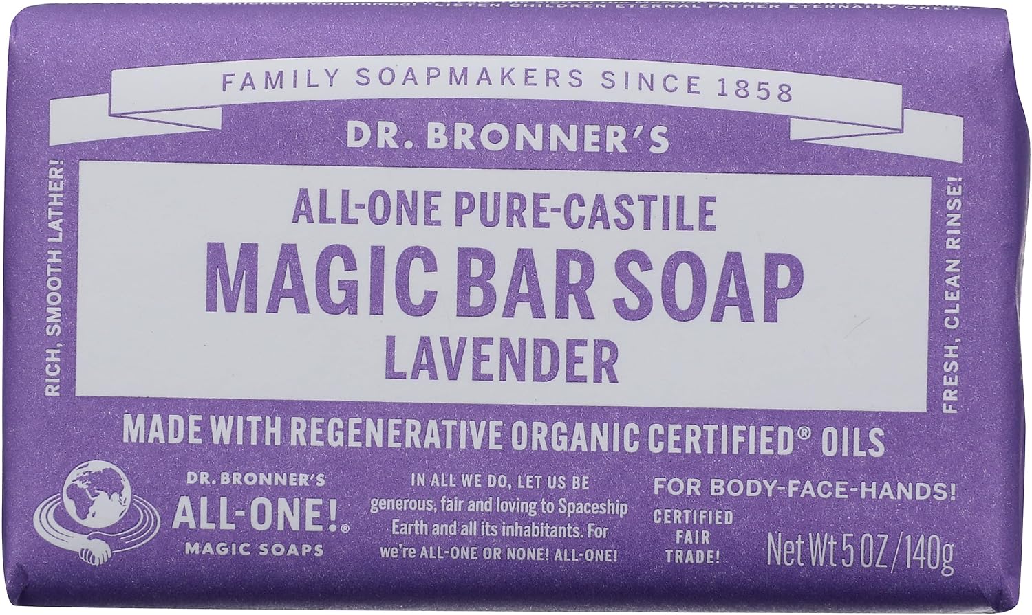 Dr Bronner's Lavender Pure-Castile Bar Soap, Made with Organic Oils With No Synthetic Fragrances Preservatives or Thickeners, For Face, Body & Hair, Fair Trade Certified & Vegan Friendly, 140g Bar