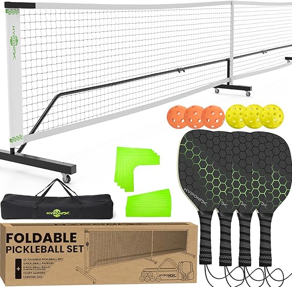 Foldable Pickleball Set with Net Portable Outdoor Net with Wheels, 4 Paddles, Balls & Markers, Instant Setup, Compact Storage (7.5), Regulation Size for Driveway & Backyard Games, Easy Relocation