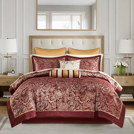 Madison Park Aubrey Cozy Comforter Set, Faux Silk Jacquard Paisley Design - All Season Down Alternative Bedding with Cotton Bed Sheets, Bed Skirt & Toss Pillows, King Red 12 Piece