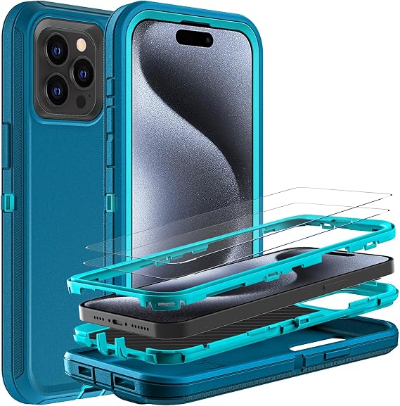 YKHJKLEC for iPhone 15 Pro Case, Military Grade 3 in 1 Heavy Duty Shockproof/Drop Proof/Dust Proof Case with 2Pcs Tempered Glass Screen Protector (Blue/Turquoise)