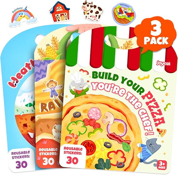 JoyCat Reusable Sticker Book Set, 3-Pack, 90 Stickers, Farm Pizza Weather