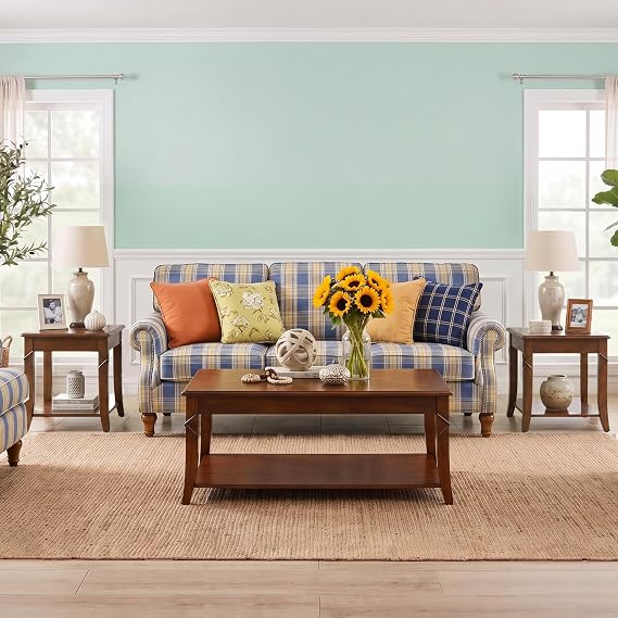 Coffee Table Set of 3, 3-Piece Solid Wood Living Room Table Set Cherry Wood | Solid Wood Coffee Table with 2 Square End Side Tables, Mid-Century Coffee Table and Side Tables Set, Living Room Furniture