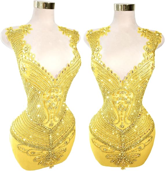 Large Handmade Beaded Crystal Patches with Rhinestone Applique Designs for Prom Formal Dress(L13-gold)