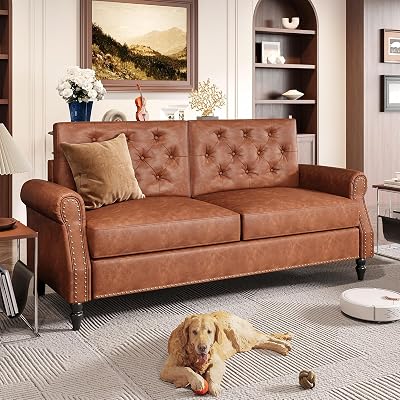 Brown Couch, 73-inch Sofa, Faux Leather Couches, Office Sofa with Wooden Legs, Vintage Couch with Rolled Armrests, Mid Century Modern Couches for Living Room Small Apartment