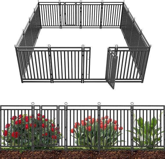 Decorative Garden Fence Metal Dog Fence Outdoor for Yard, 36ft (L) 40in (H), 14 Panels + 2 Gates, Rustproof Animal Barrier Fencing for Patio & Flower Bed, No Dig, Black-Silver
