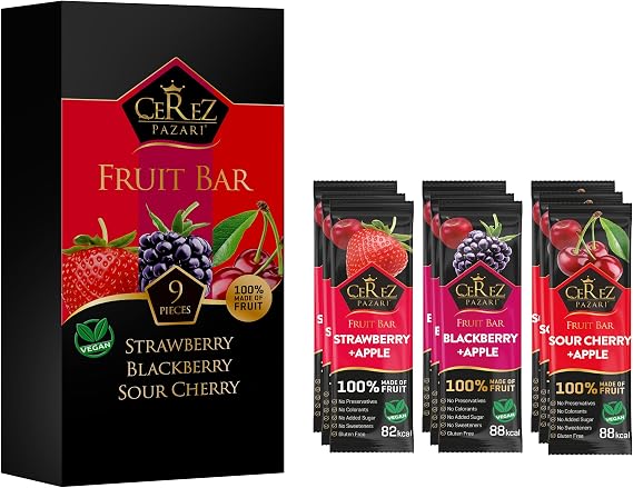 Cerez Pazari Dried Fruit Roll Ups, 25g x 9 pack Snacks Variety Pack for Adults and Kids, Healthy Vegan Real Fruit Bars, Snacks with Strawberry, Blackberry and Sour Cherry