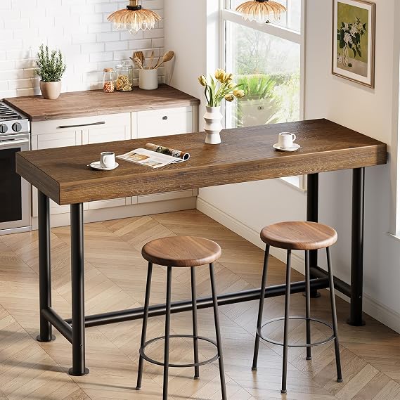 63" Solid Wood Bar Table, Long Counter Height Pub Top Table, Narrow Dining Breakfast Bar Units with Metal Sturdy Legs for Home Kitchen, Living Room, Bistro, Easy to Assemble