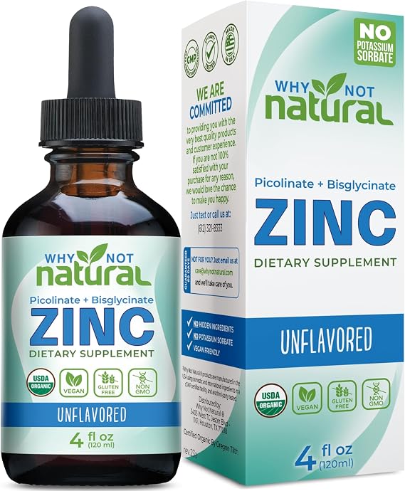 Organic Liquid Zinc Drops Supplement with Chelated Picolinate and Bisglycinate, Vegan
