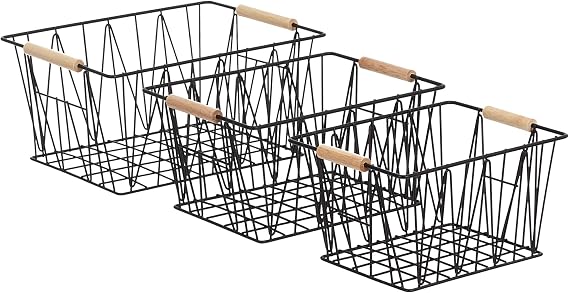 Amazon Basics Rectangular Wire Storage Baskets, Set of 3, Standard, Black