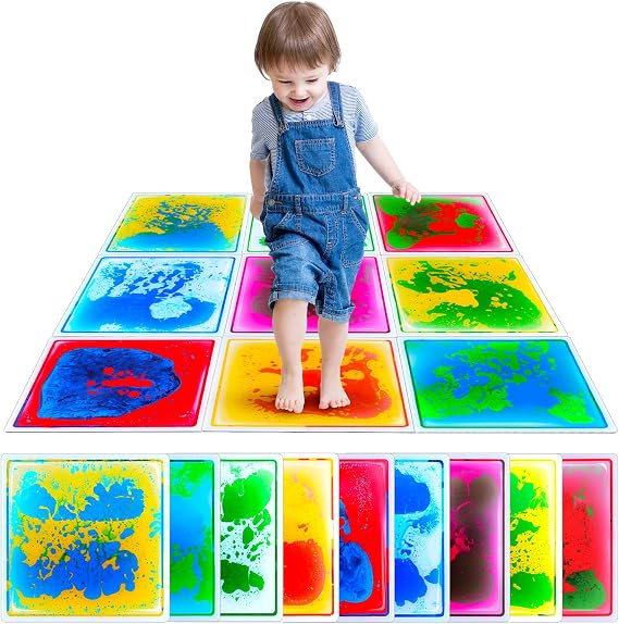 Sensory Floor Tiles: Liquid Play Mats Sensory Pads for Kids Toddlers, 9PCS Autism Sensory Toys, 12x12 Lava Tiles for Dancing Learning, Special Education Classroom Must Haves, Gross Motor Development
