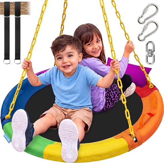 SereneLife 40" Saucer Swing - Outdoor Swing Set with Heavy-Duty Chains & Hanging Kit, Swinging Seat Spinner with Pillow & Carry Bag, Weatherproof, Water-Resistant, Supports Up to 700 lbs, Rainbow