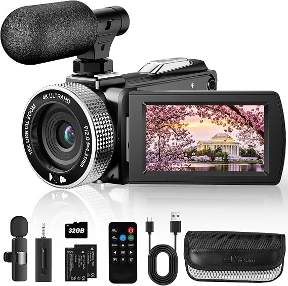 4K Ultra HD Video Camera Camcorder, 48MP Digital Recorder with Wireless Lavalier Microphone, 18X Digital Zoom, Remote Control, 32GB SD Card for Vlogging YouTube Travel
