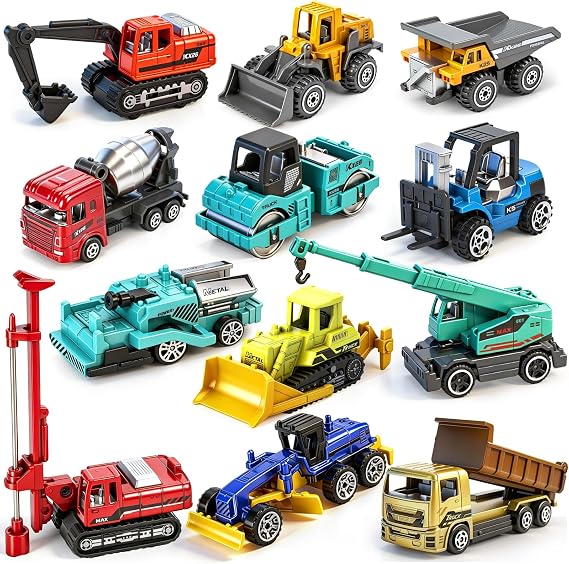 12 Pack Diecast Construction Vehicles Toys, Mini Alloy Car Set for Kids