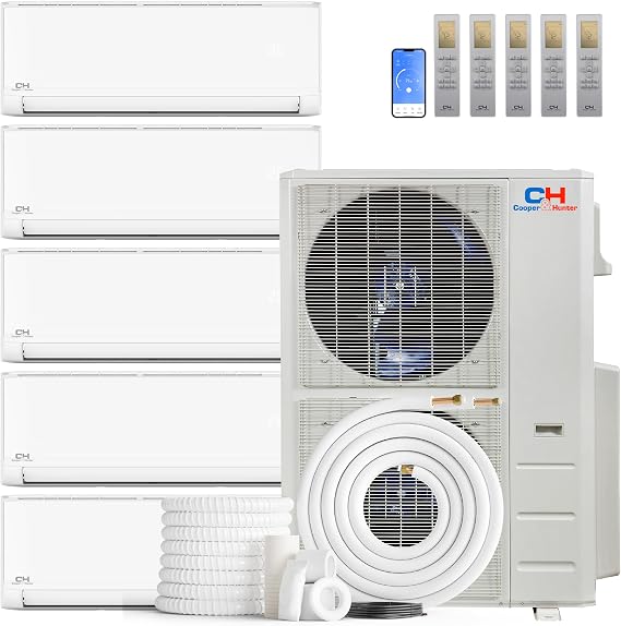 Cooper & Hunter 48,000 BTU 5-Zone Wall Mount Mini Split AC Heat Pump, 230V | 6K+6K+9K+12K+18K BTU, 24 SEER2, Smart App Control, 25FT Install Kits, Cooling & Heating, Inverter, Pre-Charged, 4 Ton