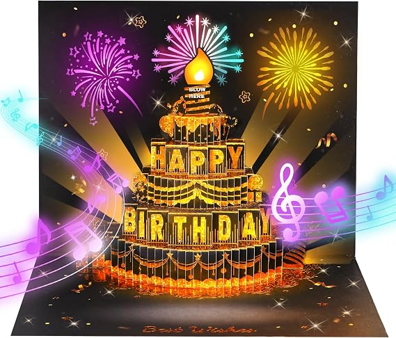 APOTODITO Birthday Cards for Men, 3D Pop Up Card with Music and Light, Birthday Cards with Interactive Blowable Candle, Birthday Gifts for Men Him Husband