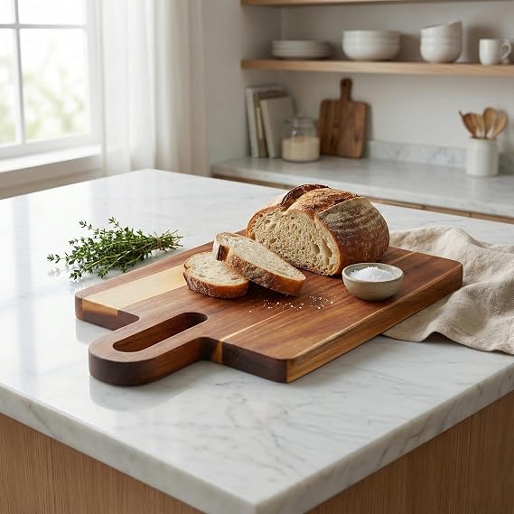 Deconox Doğal Akasya Ahşap Dikdörtgen Kesme Tahtası ve Sunum Tepsisi – 30x18 cm Saplı Pratik Doğrama Panosu, Steak ve Kahvaltı Servis Tahtası