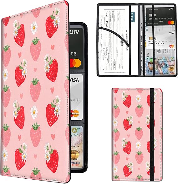 Car Registration and Insurance Holder,PU Leather Car License Document Insurance and Registration Card Holder Men Women Vehicle Glove Box Organizer Auto Accessories-Pink Strawberry