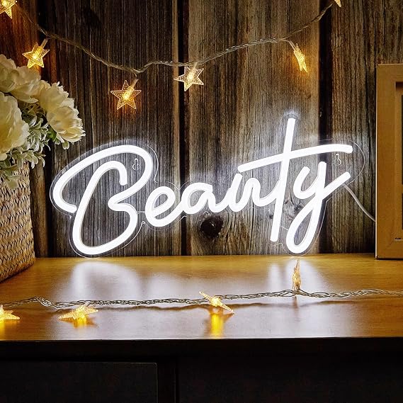 Beauty LED Neon Sign Letter Neon Lights for Bedroom USB Powered Wall Mounted Neon Signs For Room 3D Wall Art Wedding Party Living Room Decorative Lighting Girls Gift (White)