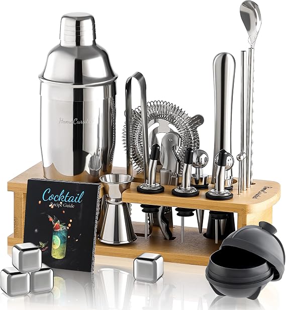 Cocktail Shaker Set,24-Piece Bartender Kit Complete Bartending Kit Bar Set with Stand,Drink Shaker & Mixer Perfect Bar Accessories for Home Bar Set,Housewarming Gifts for Men & Women,Silver