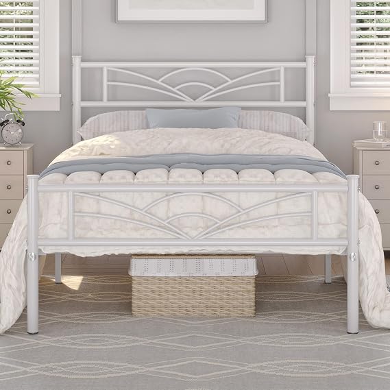 Yaheetech Twin Size Metal Bed Frame with Cloud-Inspired Headboard, White