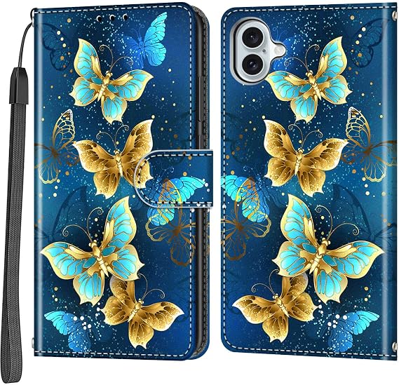Case Wallet for iPhone 16 Plus, Green Butterfly | Kickstand, 3 Card Holder, Shockproof TPU Interior Shell, PU Leather, Magnetic Flip Cover, Lanyard Strap