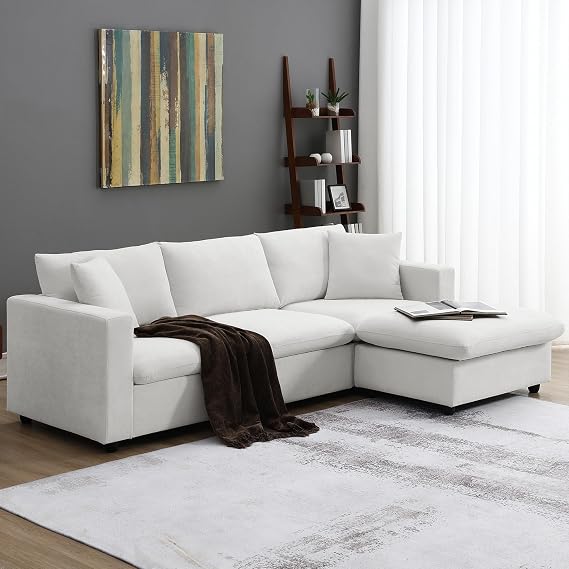 GNIXUU L Shaped Modular Sectional Sofa with Movable Ottoman, 100" Big Comfy Couch with Deep Seat & 2 Pillows, Modern 4 Seat Upholstered Cloud Couches for Living Room Apartment, White